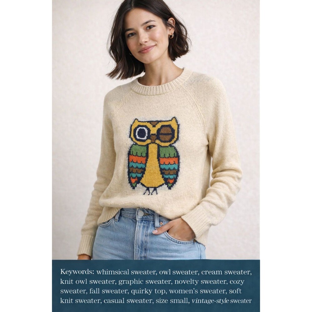 Woolrich Cream knit sweater with colorful owl graphic cozy and cute style size M